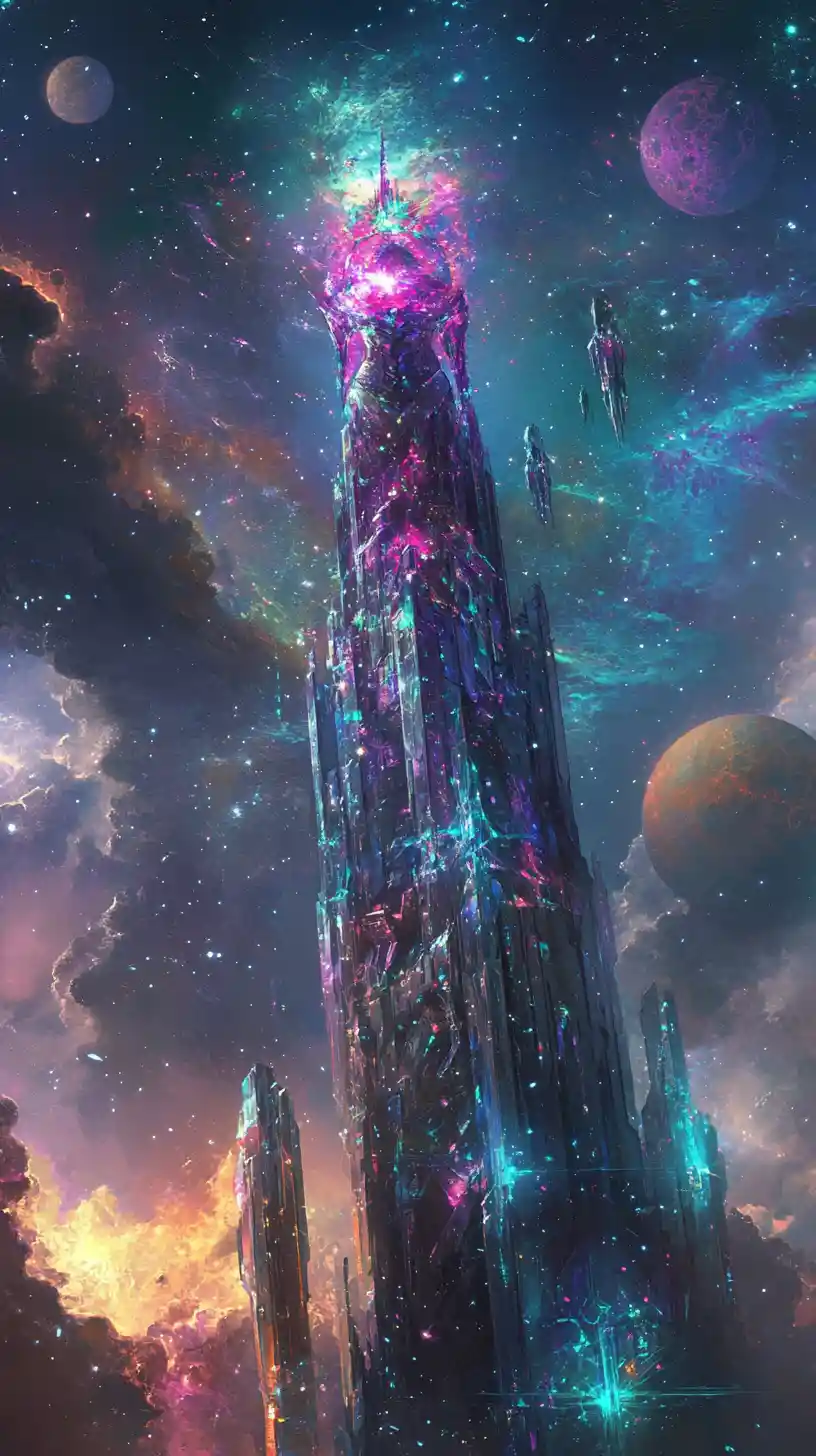 Majestic cosmic goddess commanding a crystalline starship fleet