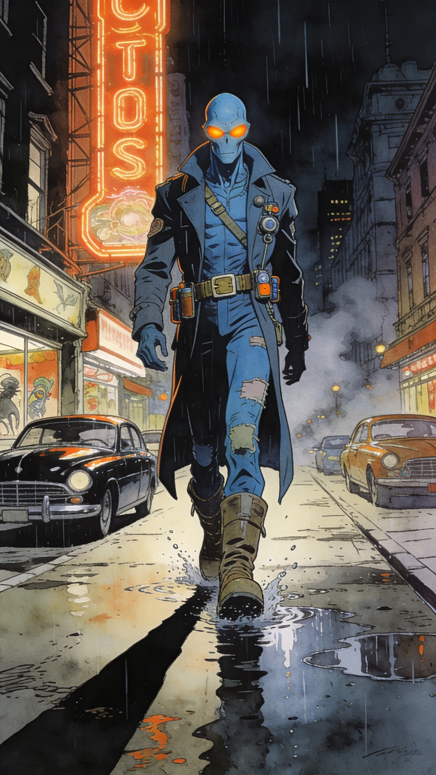 Alien bounty hunter walking through neon noir city street