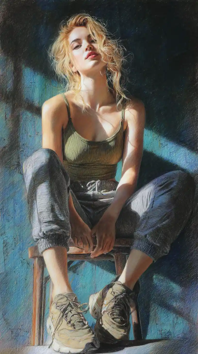 Reclined blonde woman portrait in dramatic colored pencil drawing