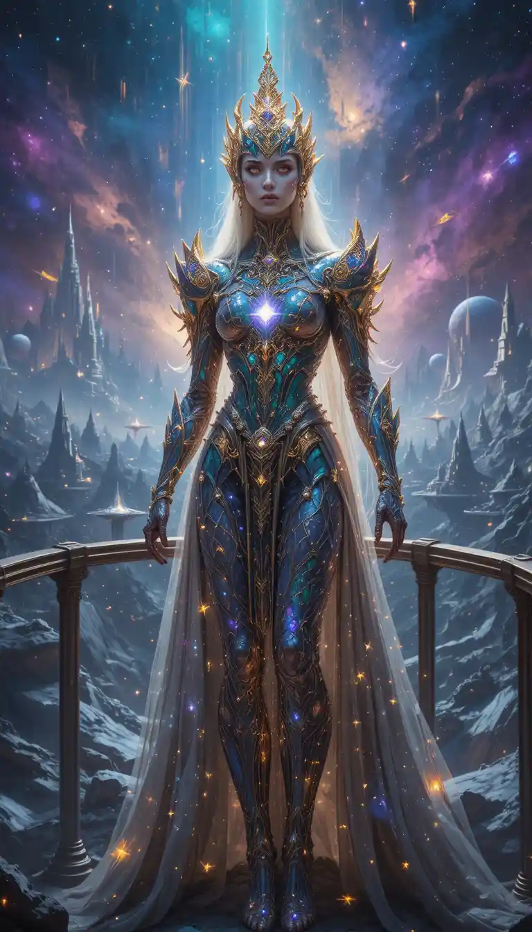 Goddess commander on crystalline starship bridge in deep space
