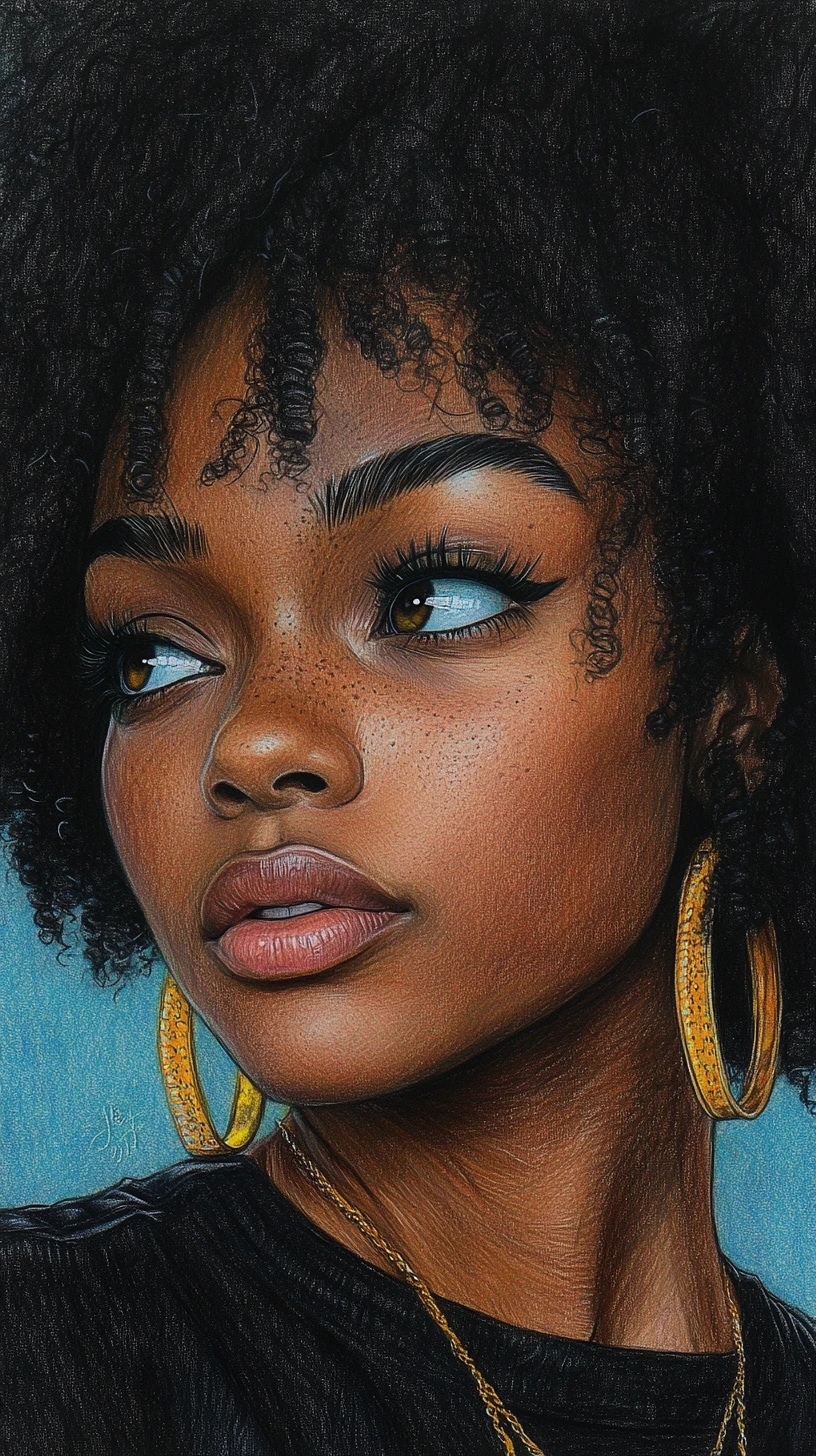 Confident black woman portrait in color pencil drawing