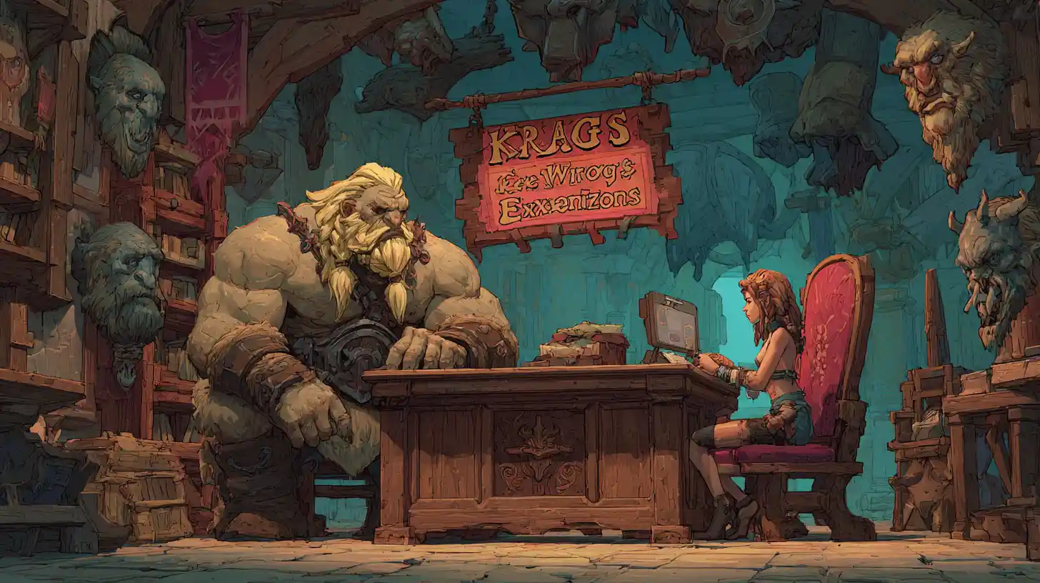 Muskulöser Barbar an einem Fantasytisch mit Krieger-Kundin