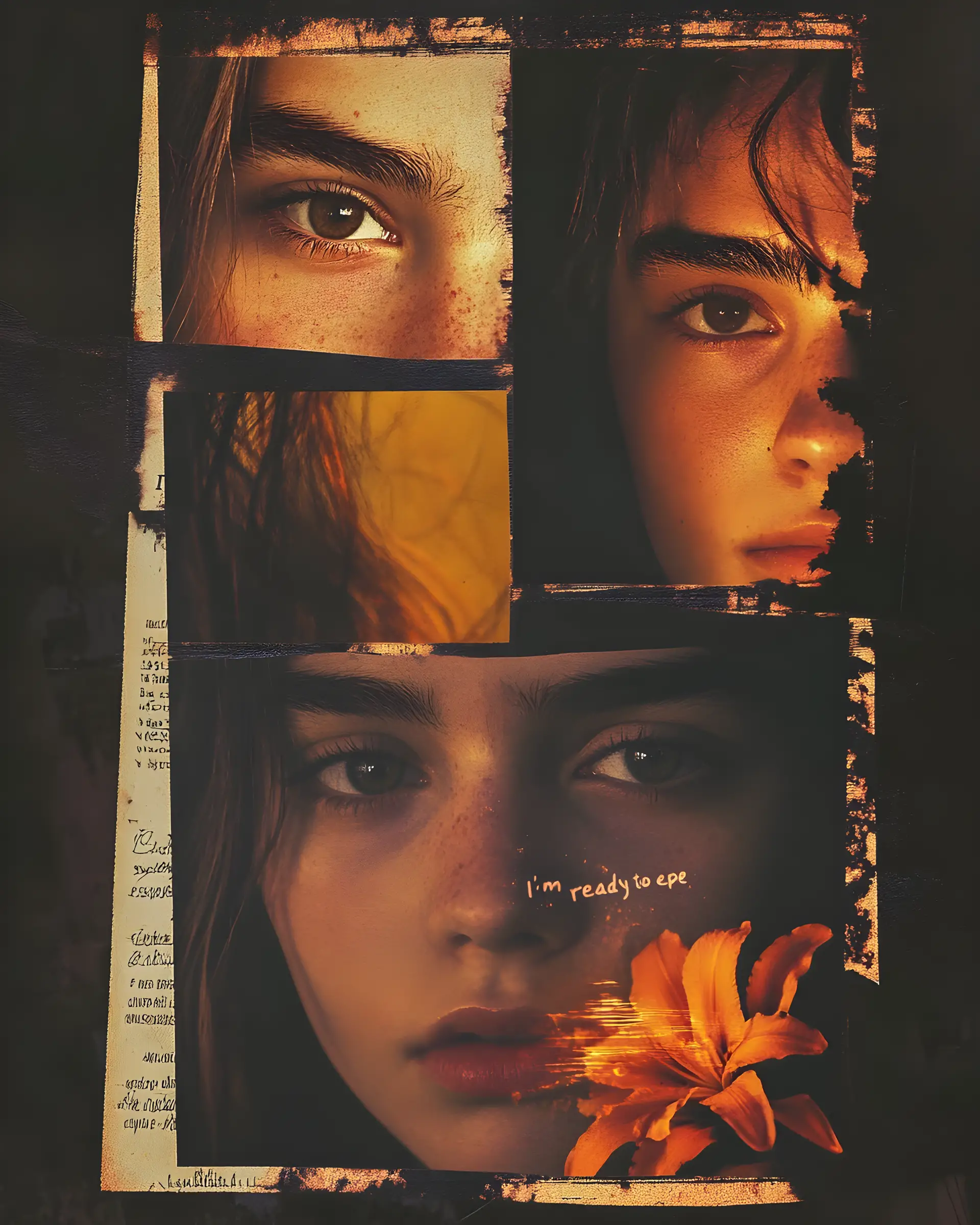 Collage cinématographique d’une jeune fille sous une lumière de flash chaude