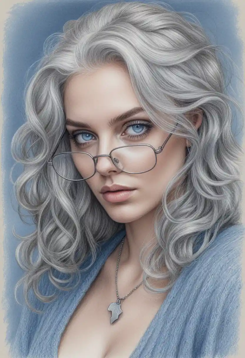 Woman with silver hair and glasses in pencil portrait