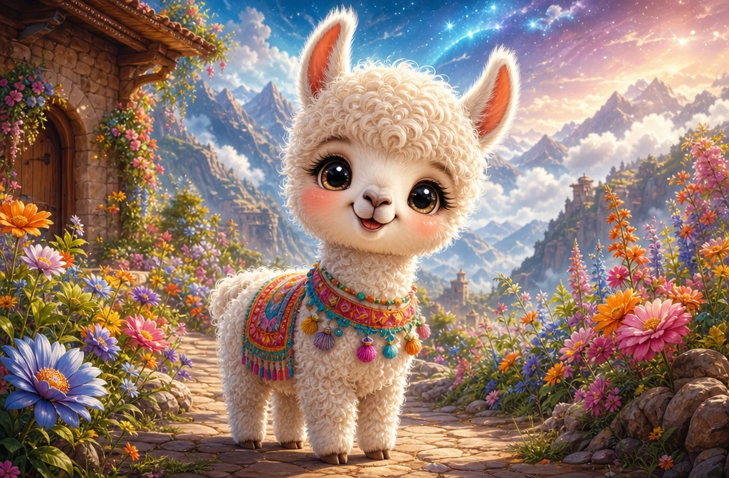 Cute baby llama cartoon beside bright colorful flowers