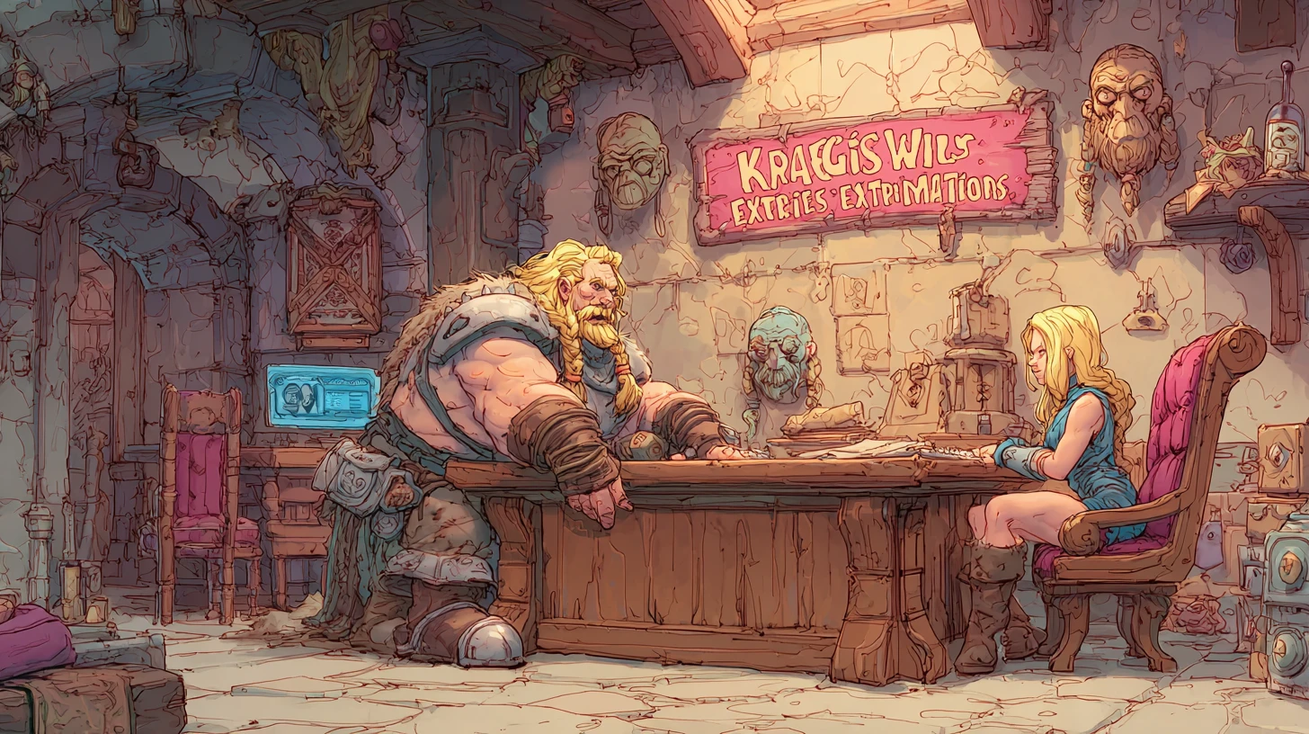 Muscular barbarian at a fantasy desk listening to client