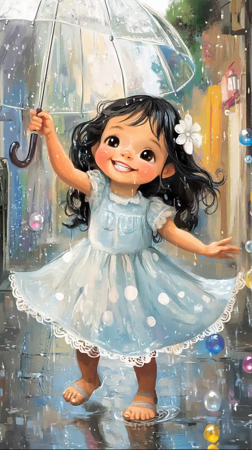 Joyful toddler girl dancing with umbrella in the rain