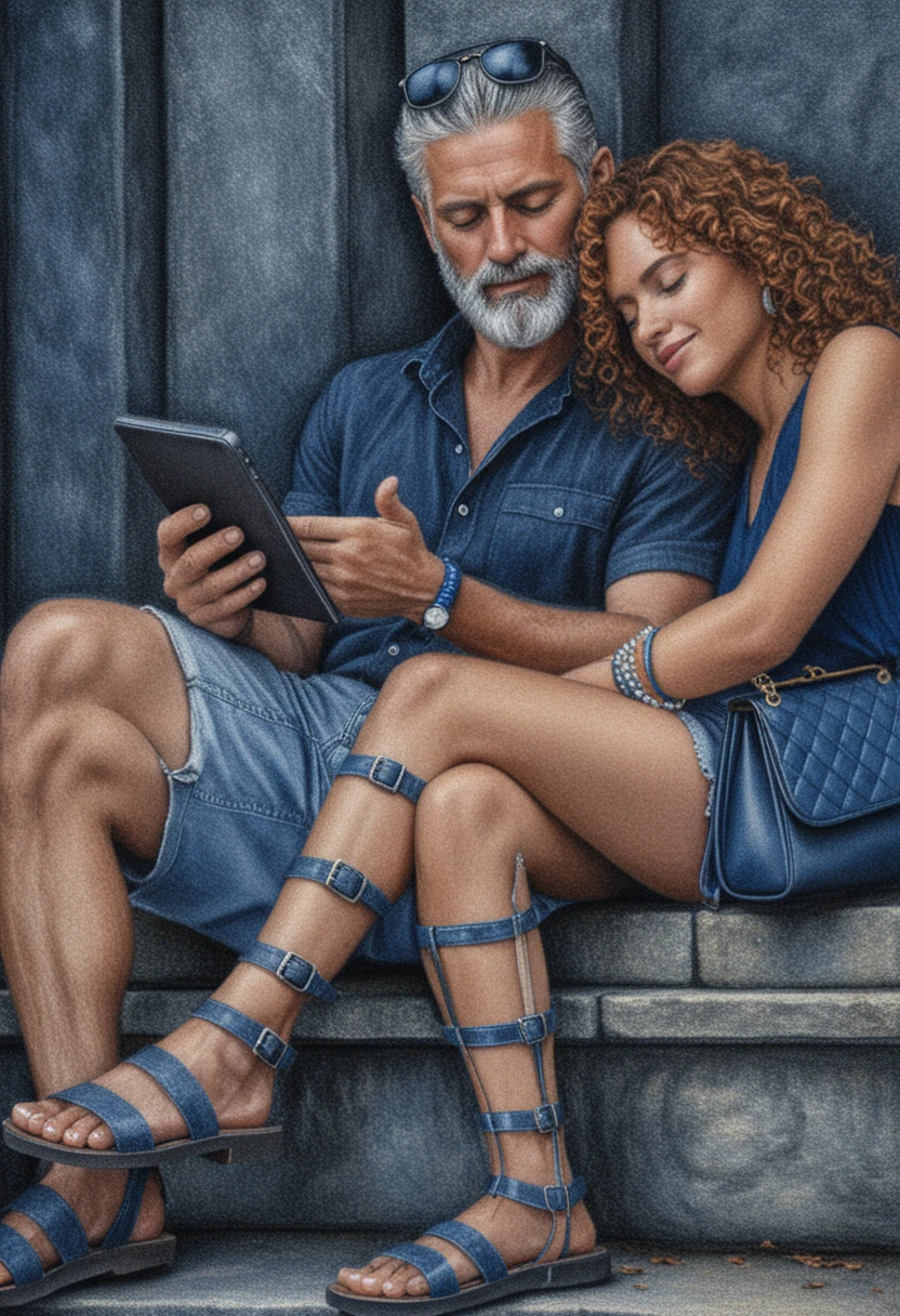 Couple Sitting On Stone Steps In Intimate Pencil Portrait