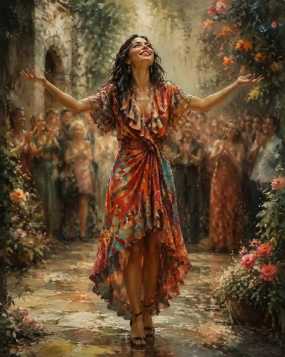 Joyful woman in colorful dress looking up in a garden