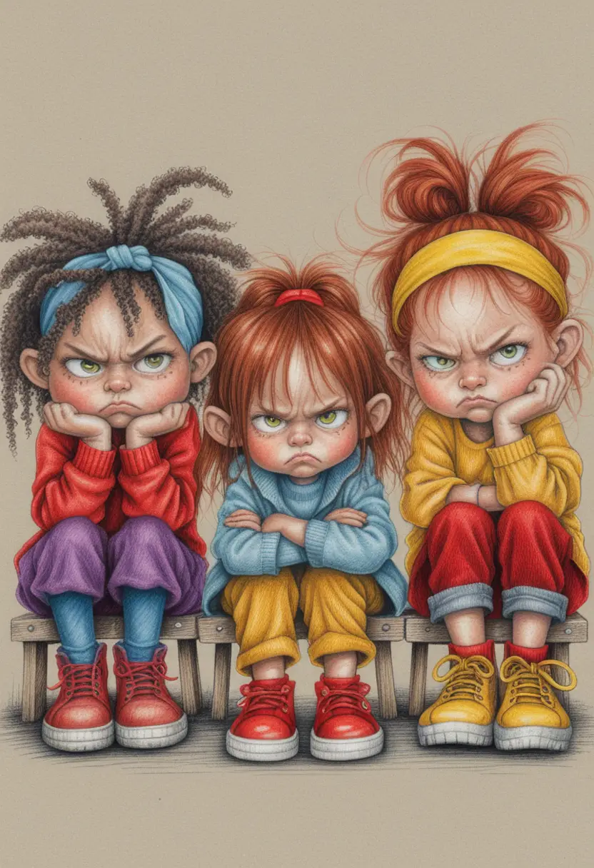 Three grumpy little girls on a wooden bench drawing