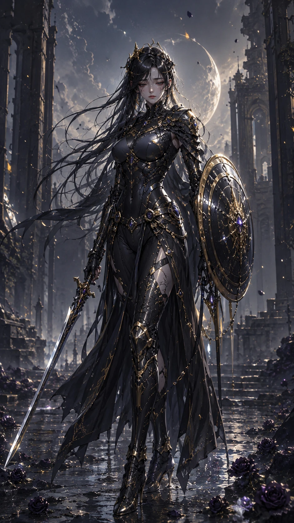 Melancholic cybernetic warrior woman with sword and shield