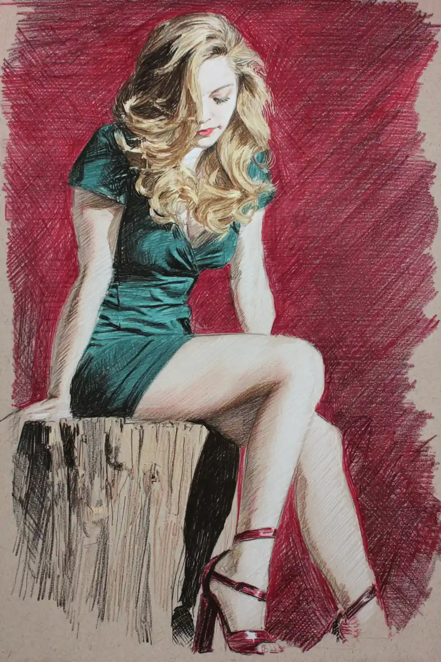 Blonde woman in green dress on wooden stump portrait