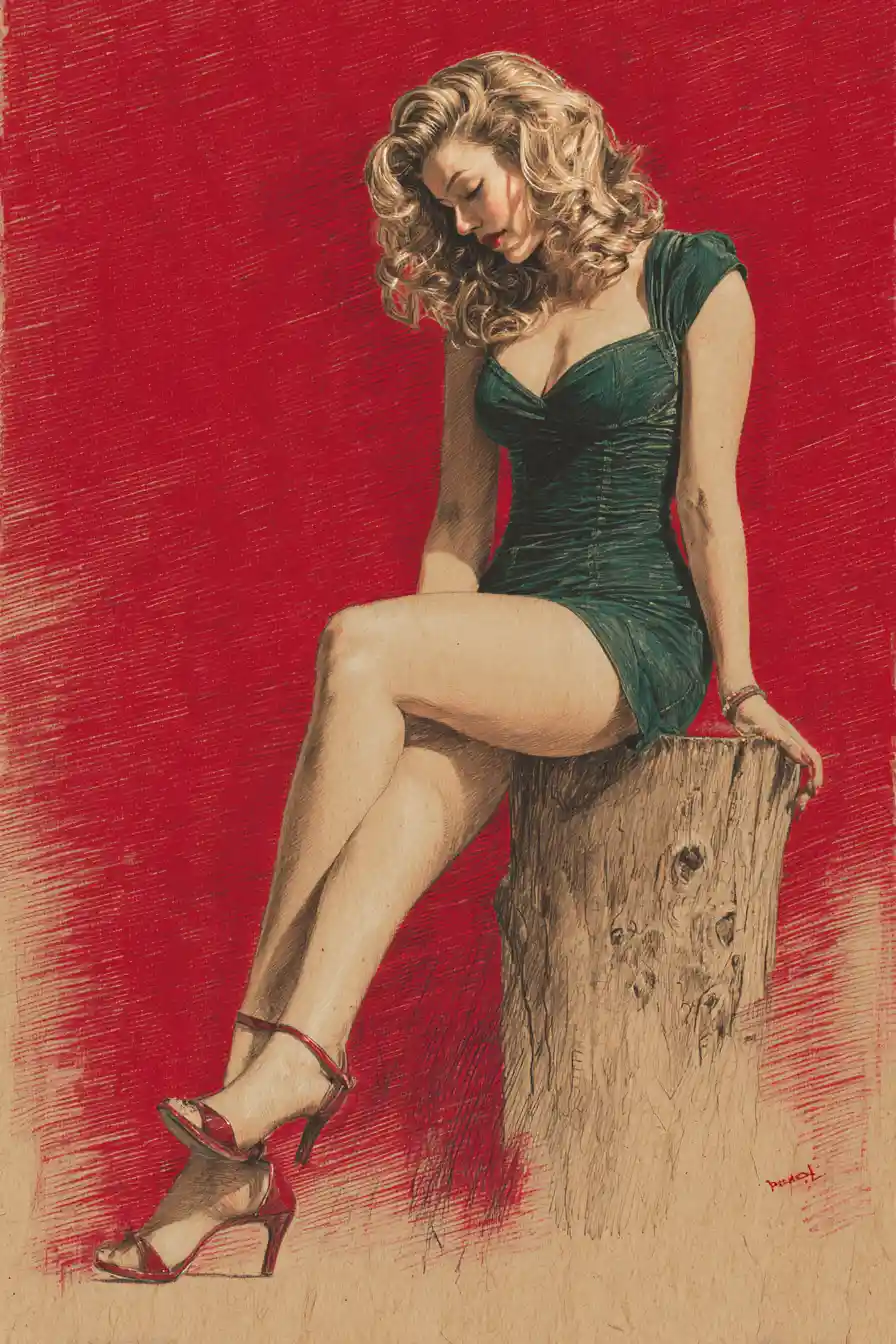 Blonde woman in green dress seated on wooden stump