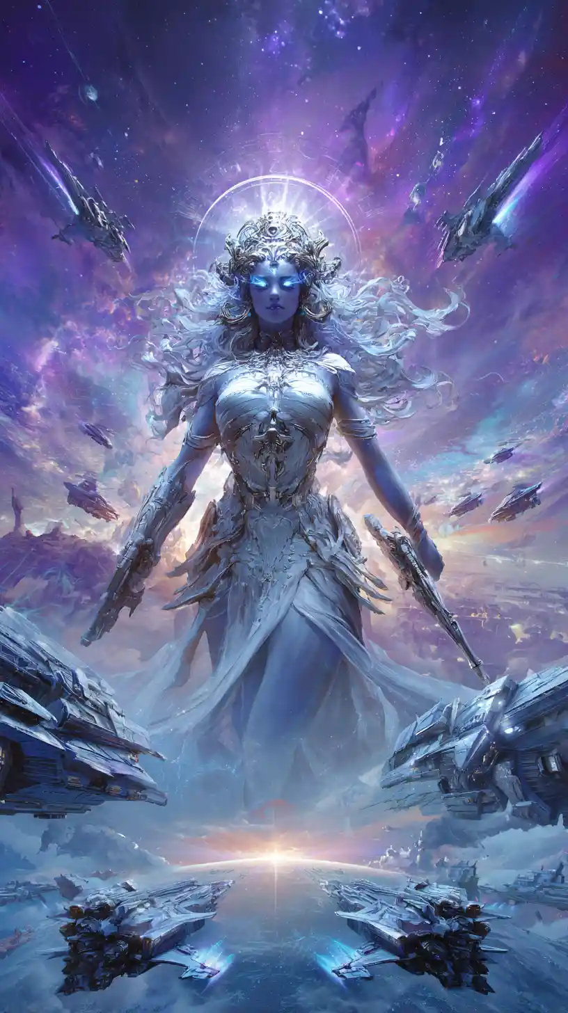 Celestial goddess commanding crystalline starships in deep space