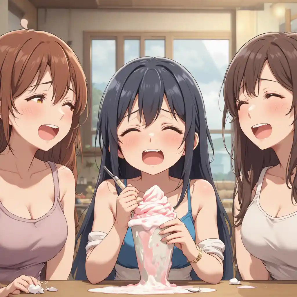 Cute anime girls laughing together over spilled ice cream