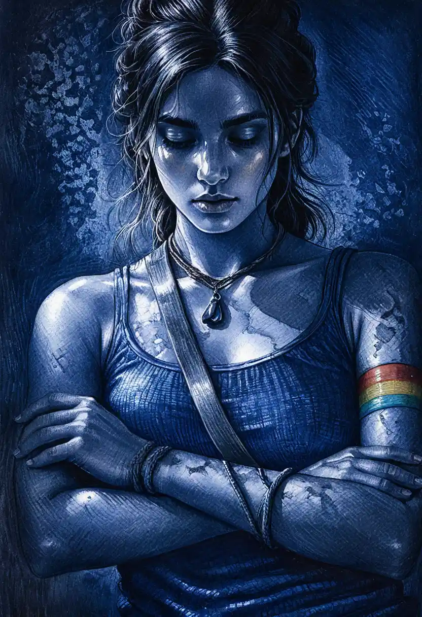 Pensive woman in blue toned pencil portrait with crossed arms