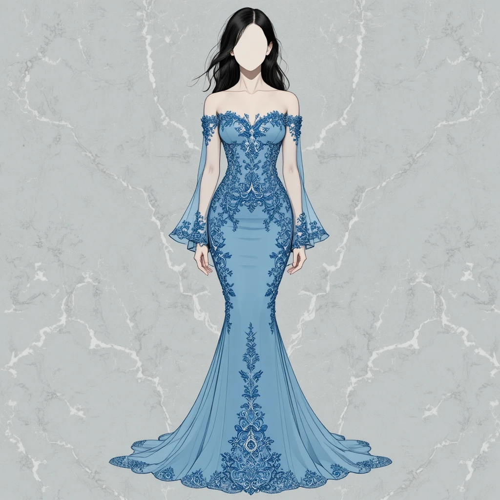 Faceless woman in blue mermaid gown vector fashion illustration