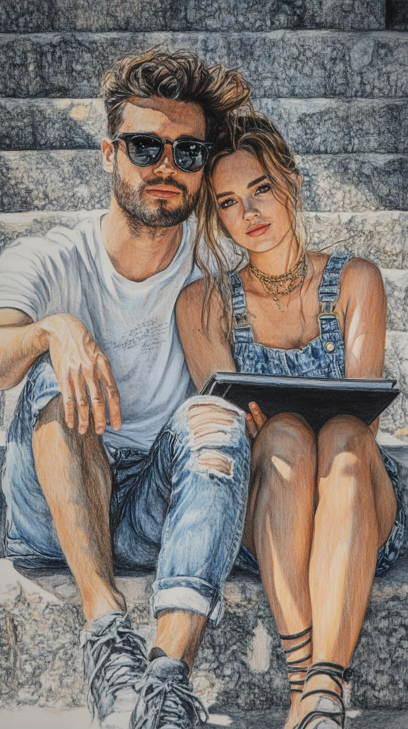Middle aged couple resting together on stone steps