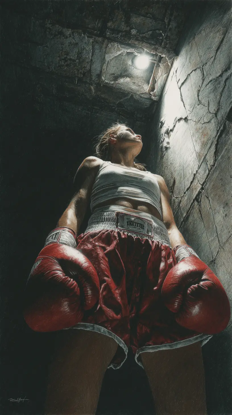 Color pencil drawing of a determined female boxer low angle