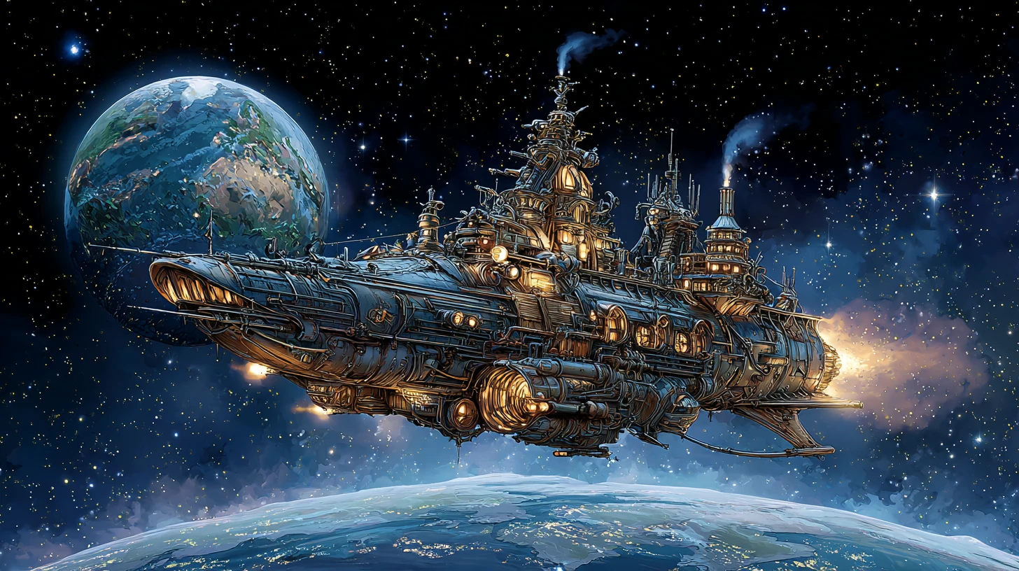 Steampunk spaceship with cosmic witch in a glowing galaxy
