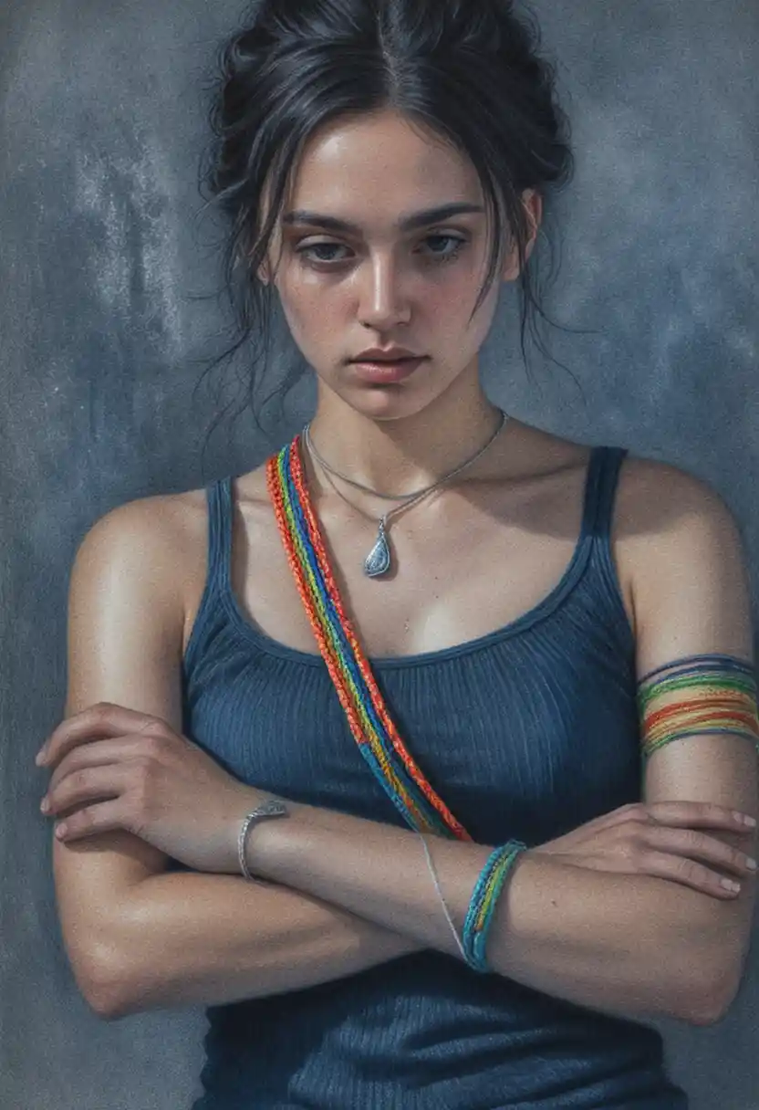 Pensive woman in blue toned pencil drawing portrait