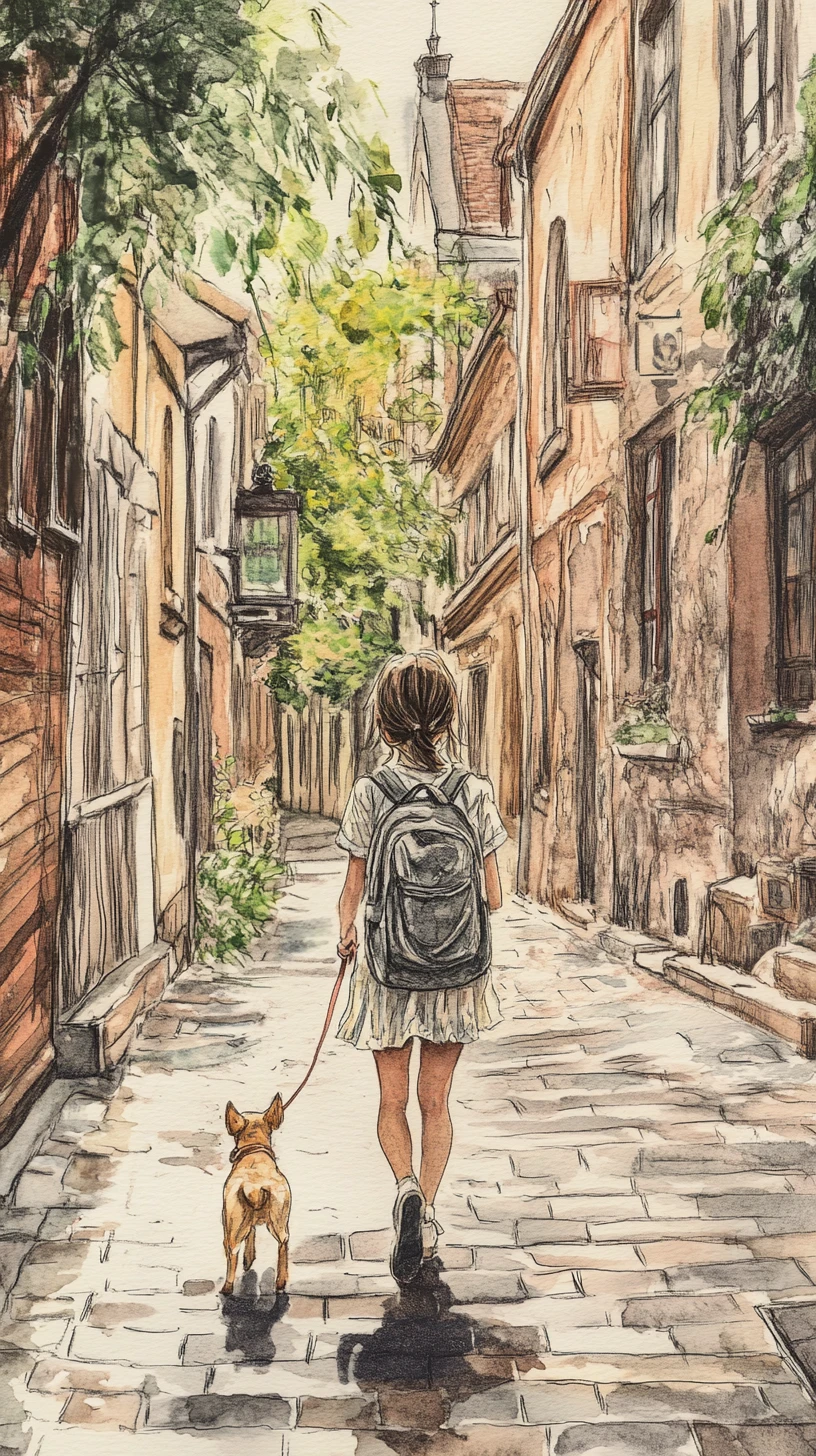 Young girl with dog in rainy European cobblestone street