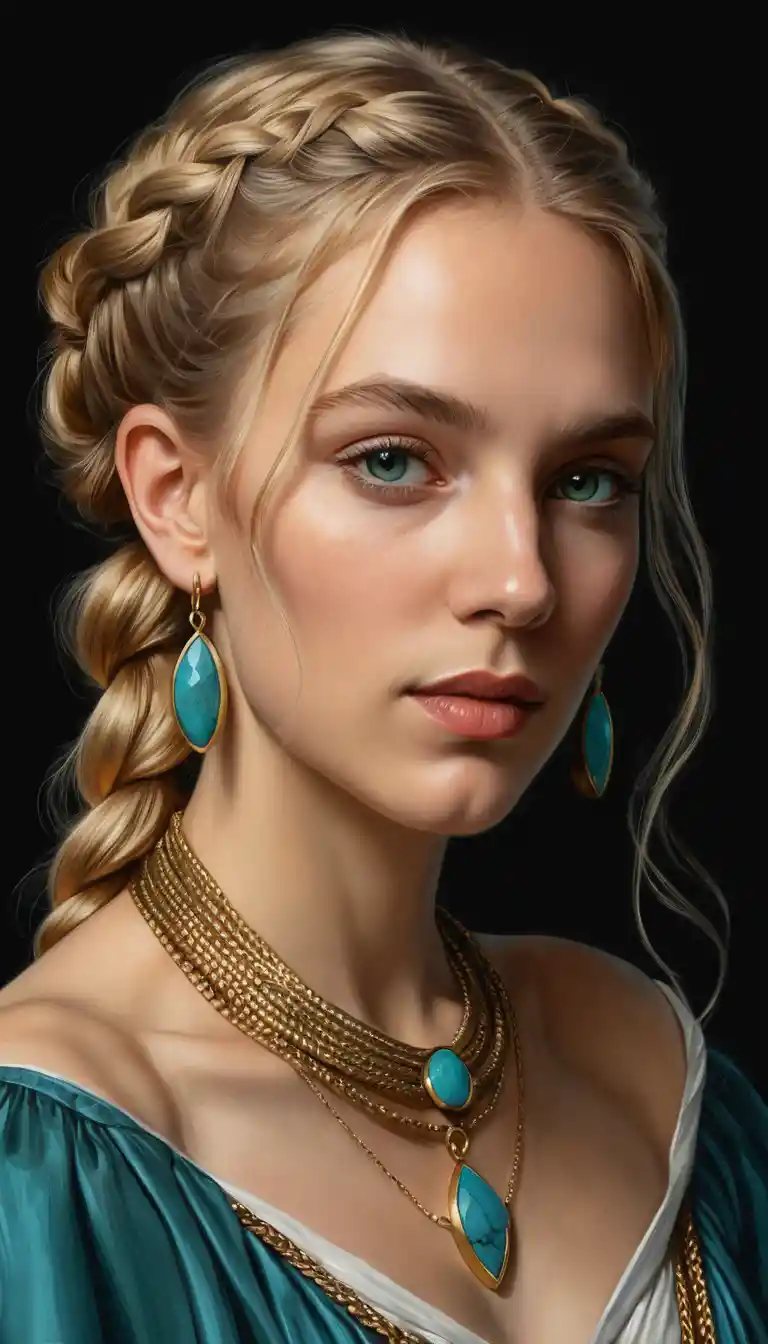 Chiaroscuro portrait of a braided blonde girl in gold jewelry