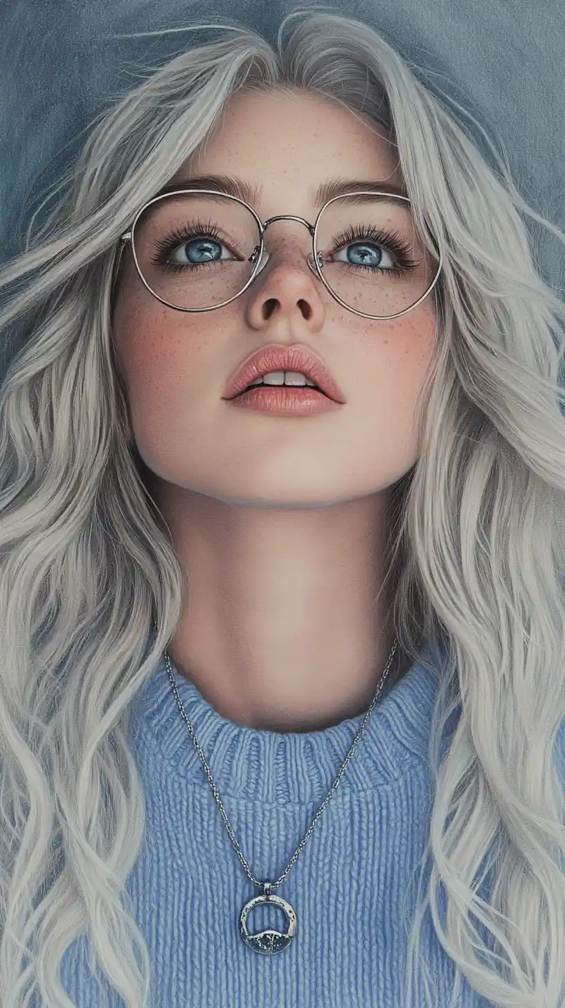 Woman with silver hair in colored pencil portrait