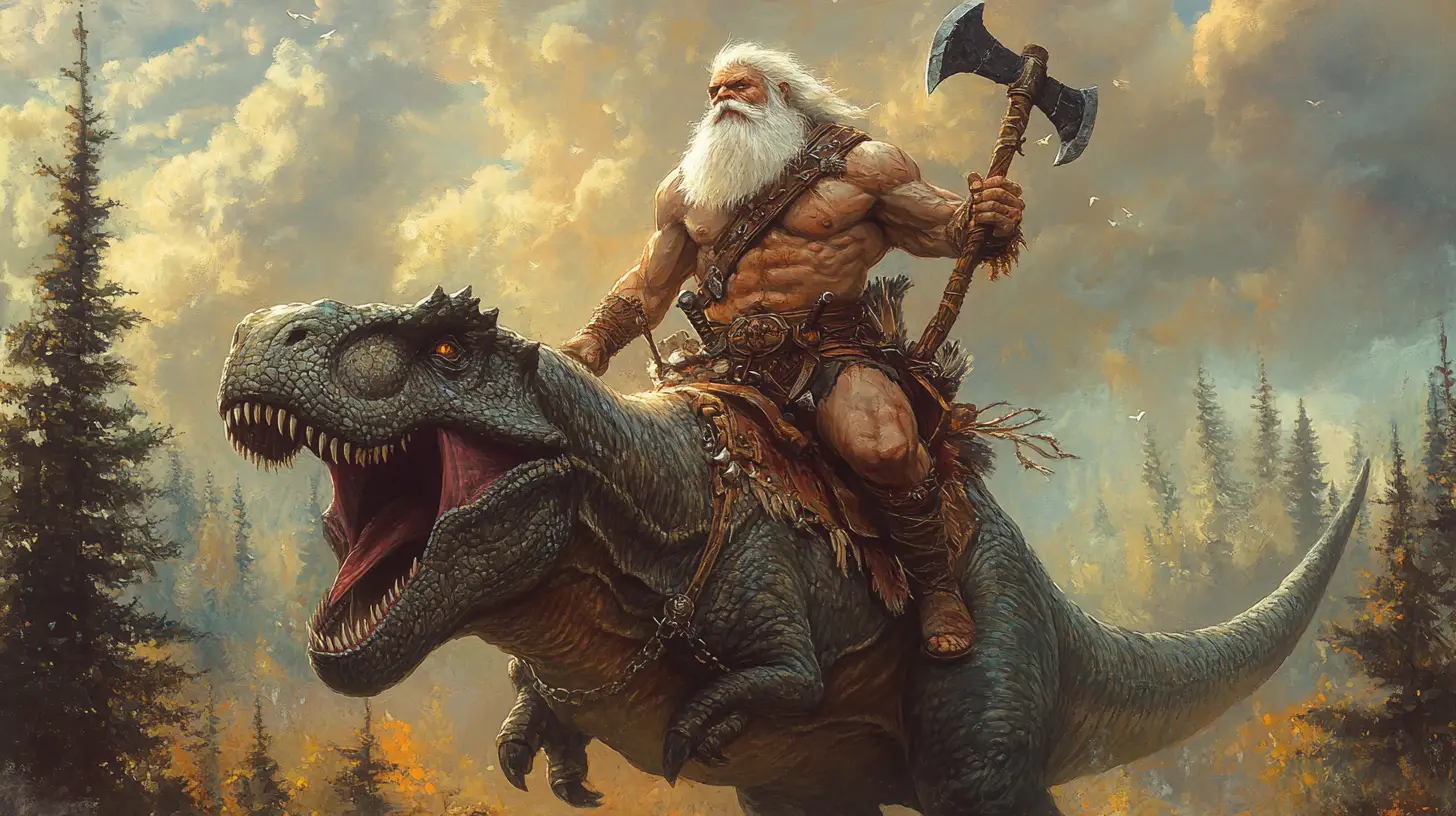 Barbarian Riding A Tyrannosaurus Across A Forest Plain