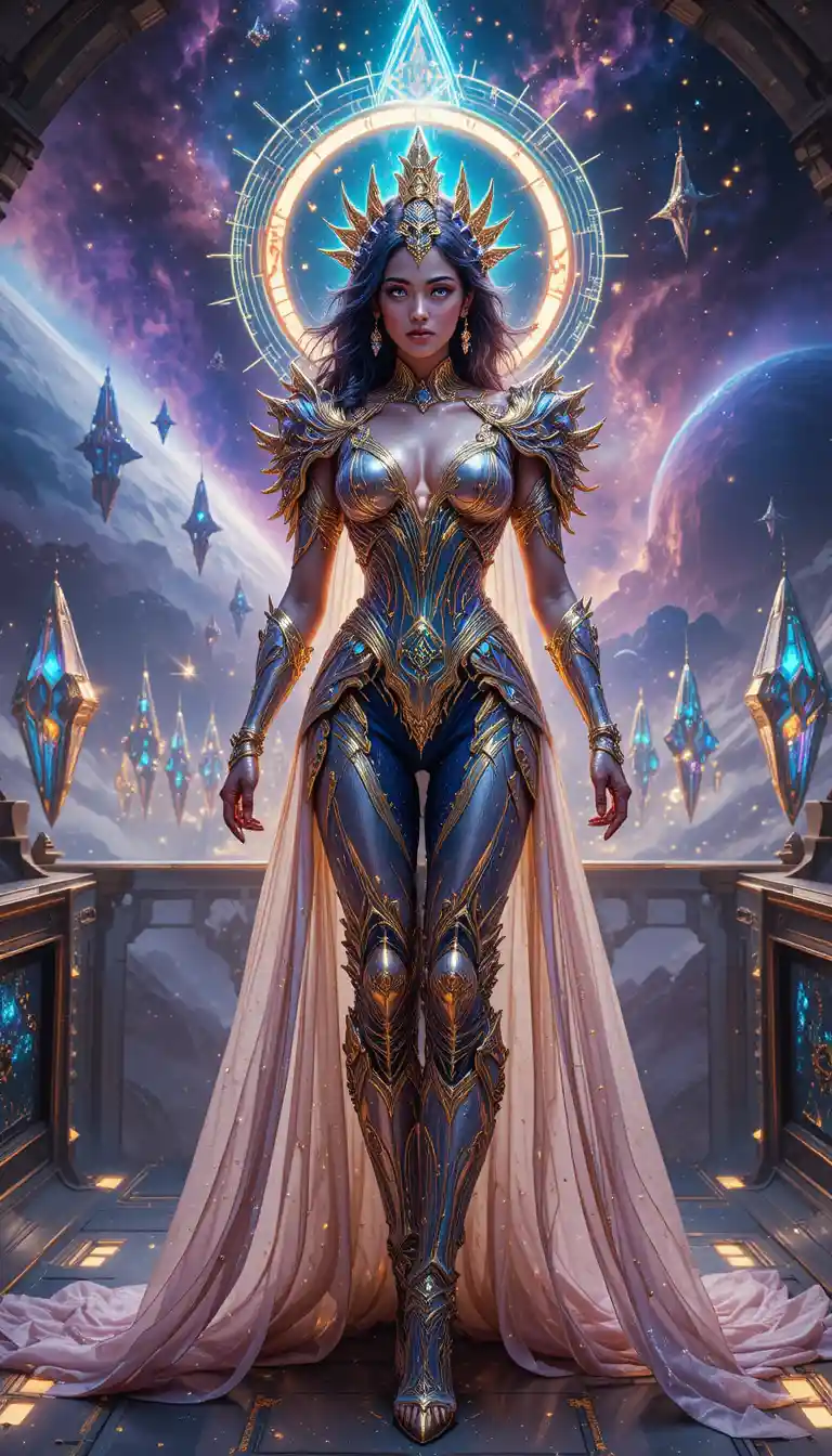 Goddess commander on a crystalline starship bridge