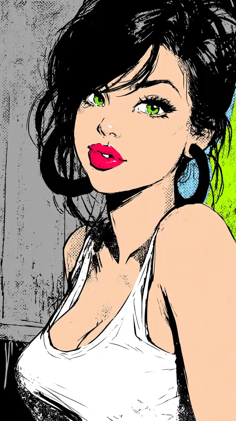 Playful comic portrait of a dark haired girl winking