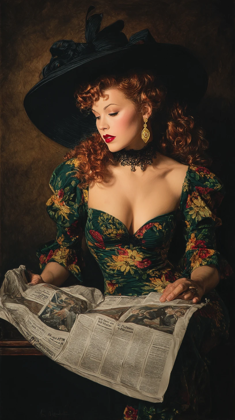 Vintage pin up woman reading a newspaper in shadowy light