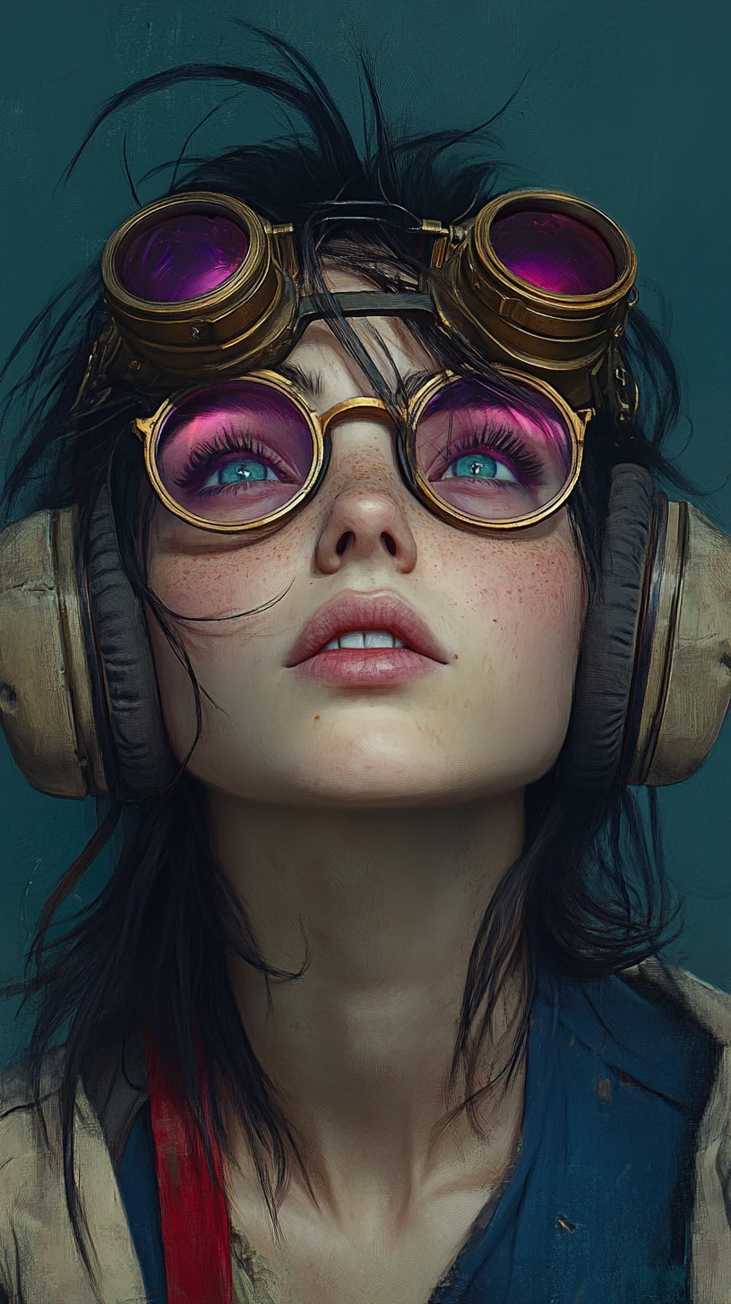 Young woman in steampunk headphones gazing up in wonder