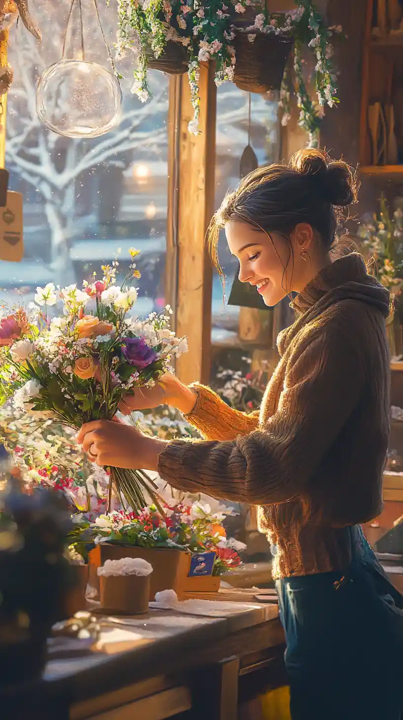 Smiling young woman arranging flowers in a cozy shop