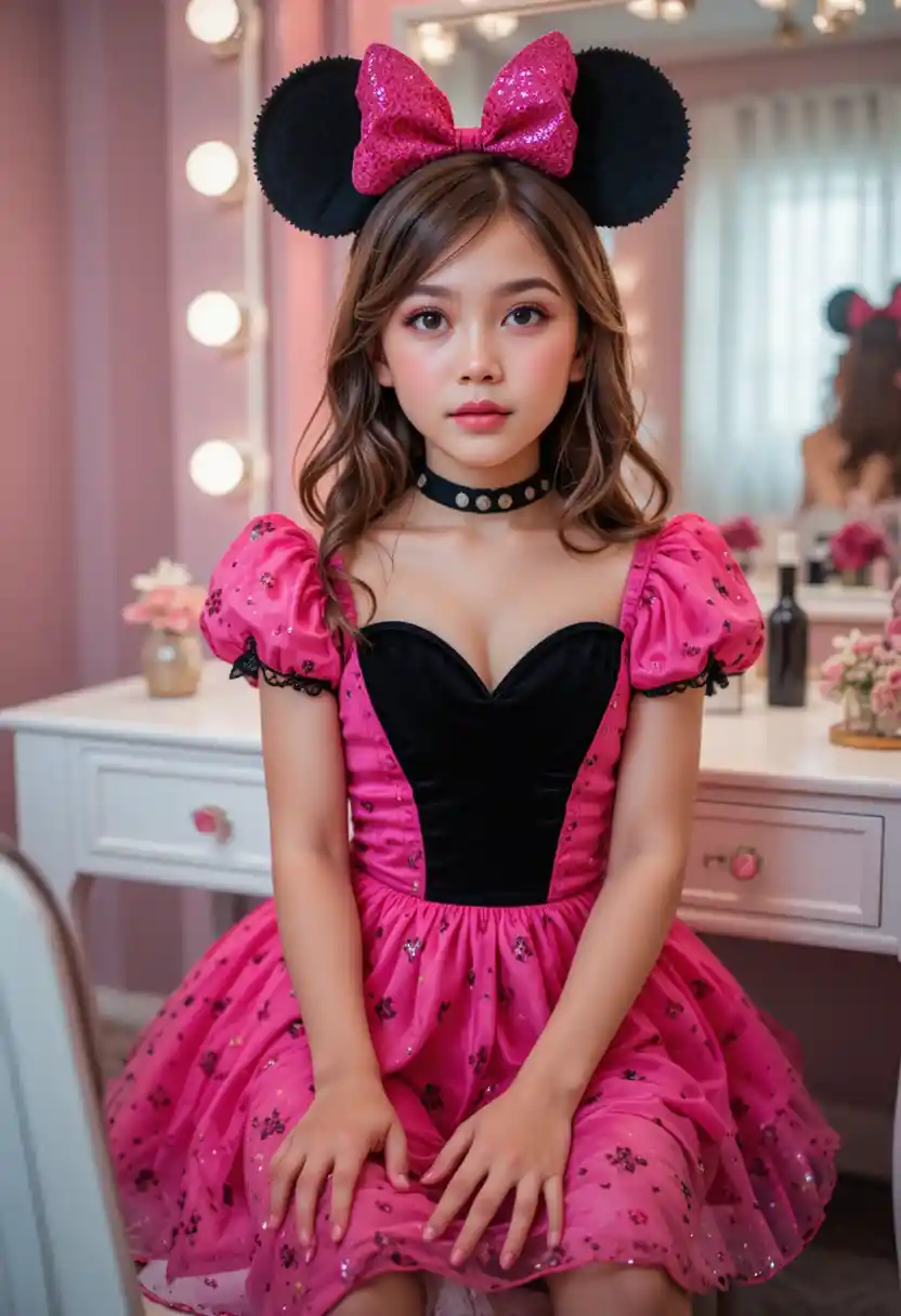 Boy in pink dress sitting at vanity with makeup