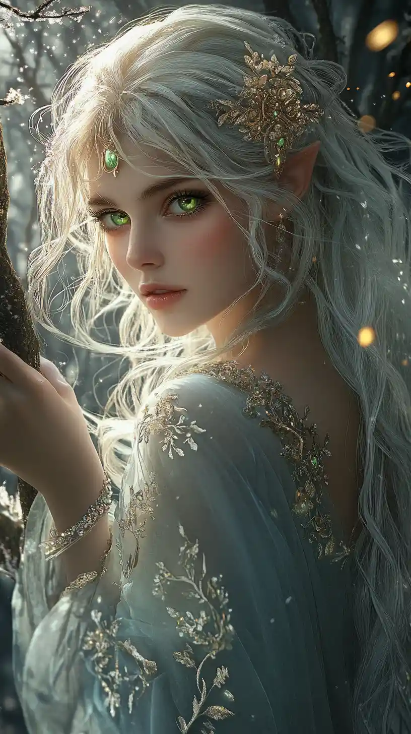 Ethereal fantasy woman in a glowing winter forest