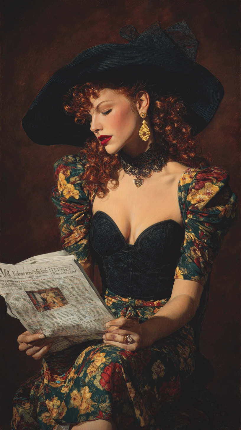 Vintage pin up woman reading a newspaper portrait
