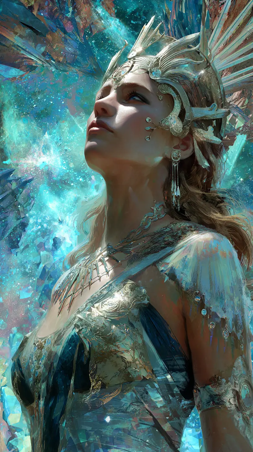 Celestial armored goddess leading crystalline starships in battle