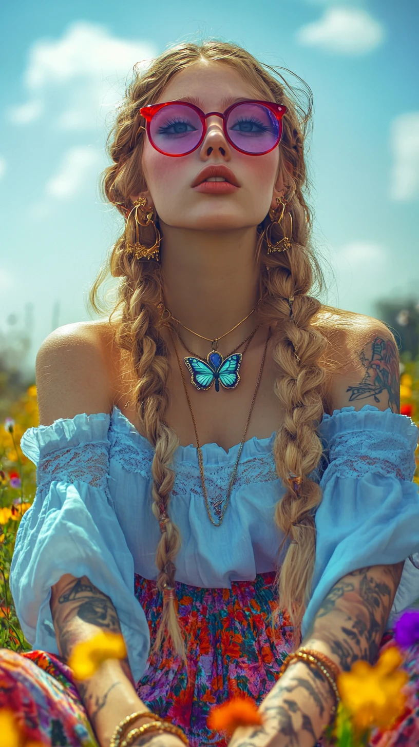 Böhmisches Mädchen mit Tattoos sitzt in einem Wildblumenfeld