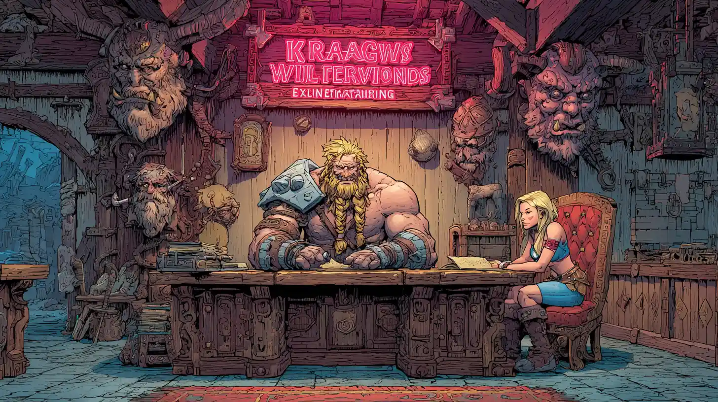 Muscular barbarian at desk hearing evil wizard troubles