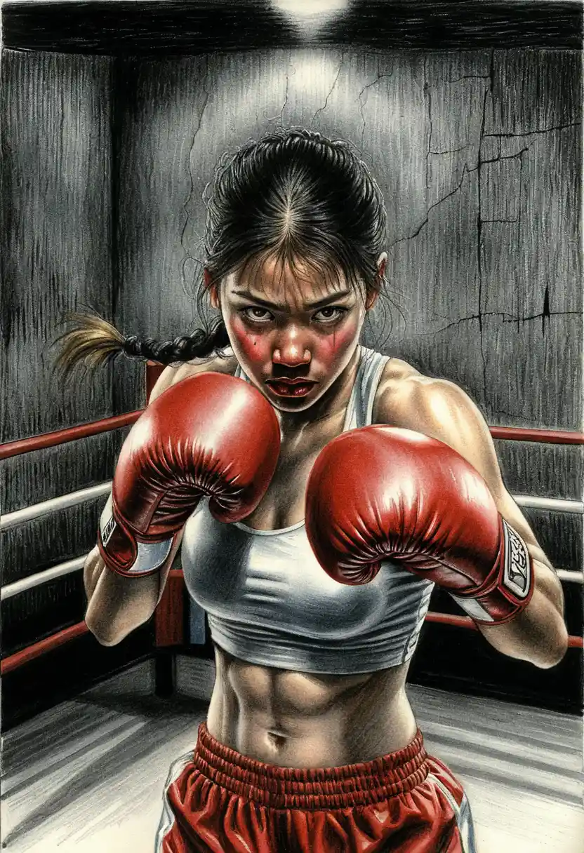 Athletic female boxer in low angle defensive ring portrait