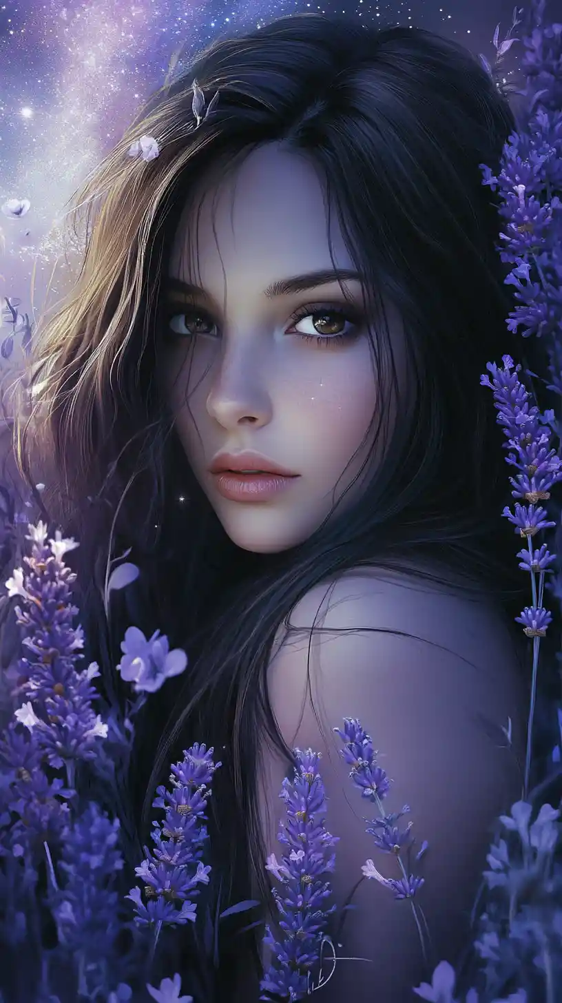Full body woman with long dark hair before the Milky Way