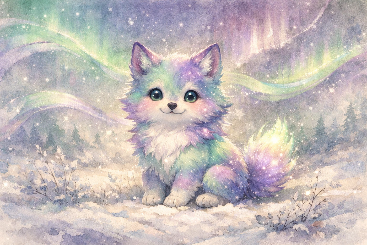 Tiny aurora puppy sitting calmly in a snowy meadow