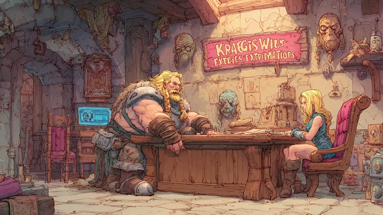 Barbaro muscoloso a una scrivania fantasy che ascolta il cliente