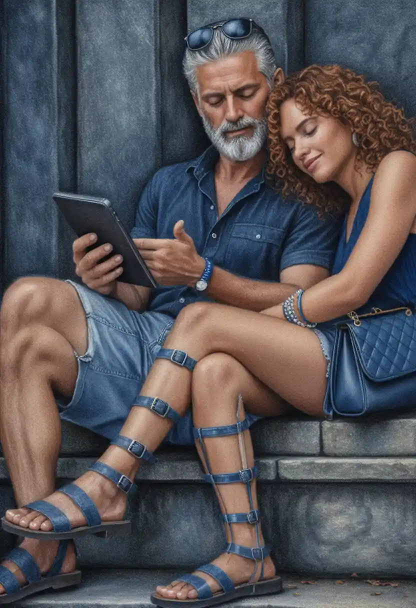 Couple Sitting On Stone Steps In Intimate Pencil Portrait