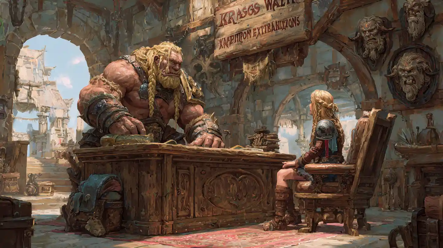 Barbarian warrior at a wooden desk in fantasy office