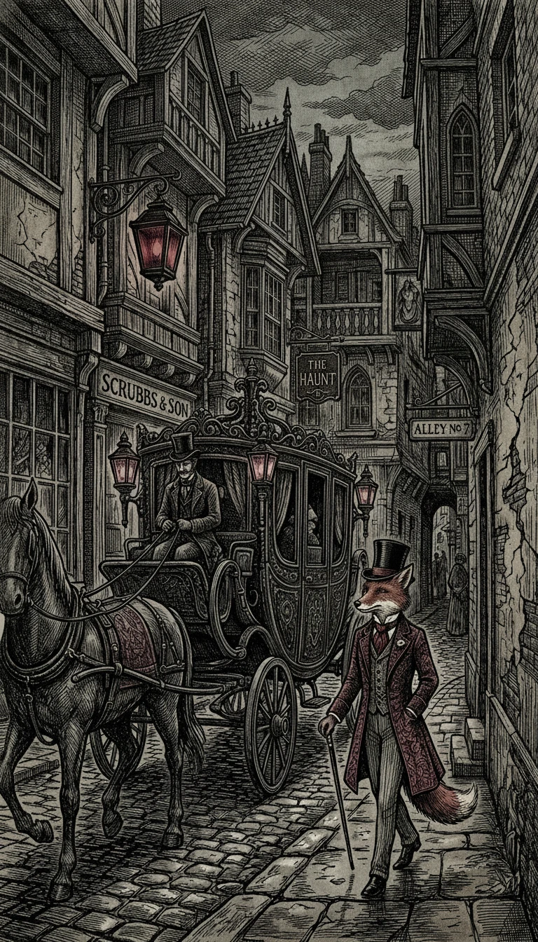 Anthropomorphic fox dandy in a mysterious ink alleyway scene