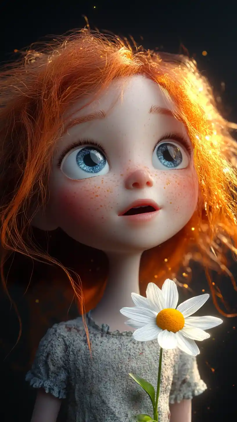 Freckled girl with glowing blue eyes holding a daisy