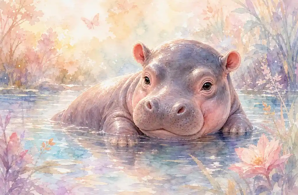 Cute baby hippo resting in sparkling shallow water