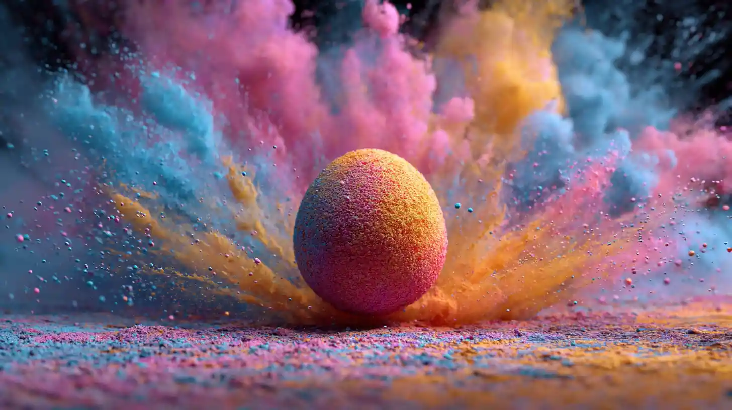 Colorful egg exploding in swirling clouds of powder